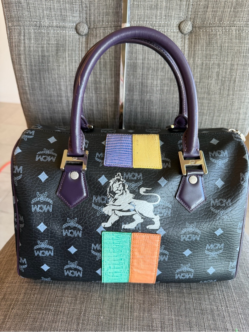 MCM Black Leather Princess Lion with Purple Handles and Multicolor Panels